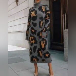 Leopard Print Turtleneck Sweater Dress